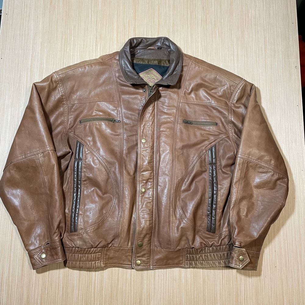Weekends Leather Bomber Jacket Mens Large Brown Vintage Zip Up Coat